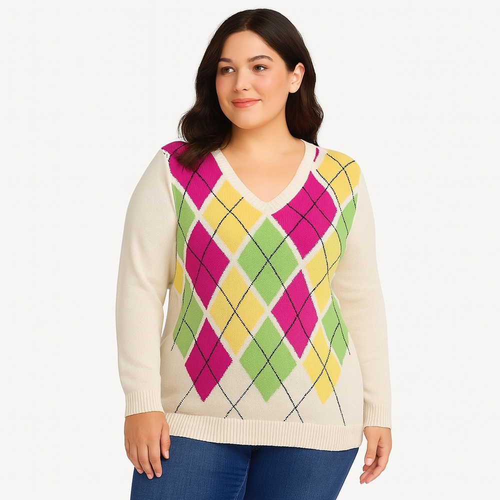 Liz Claiborne Woman Argyle V-Neck Sweater Bright Preppy Cotton Pullover Size 2X